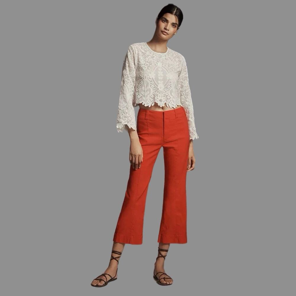 Anthropologie Maeve Linen 70s Slim Crop Pants Size 30 Burnt Orange Red Preppy